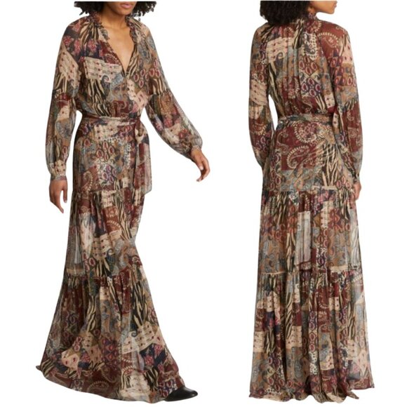 Veronica Beard Isra Multi-Print Silk Maxi Dress Women's 0 Paisley Tie Waist NWOT - Picture 1 of 16
